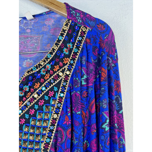 Soft Surroundings Womens 2x BoHo Top Tamuri Tunic Blue Floral Beaded Blouse XXL - Picture 3 of 14